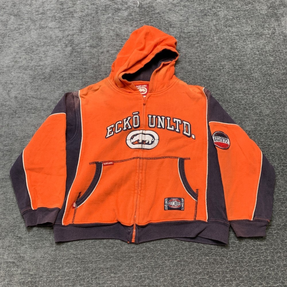 Ecko Unltd. Hoodie Boys 7 Orange Blue Cotton Logo Fleece Lined Full Zip Winter